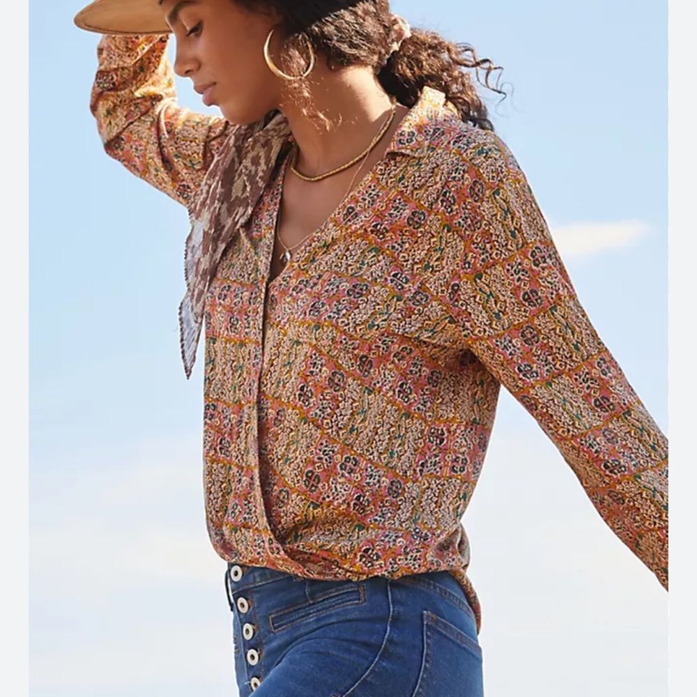 Anthropologie Pilcro Pink Gold Surplice High Low Tisha Blouse Size L